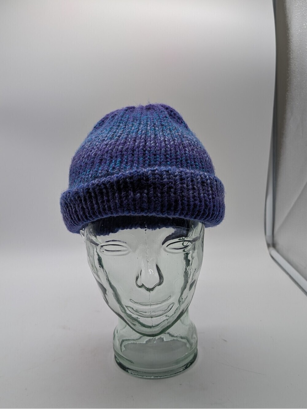 Cozy Handmade Knit Beanie Hat Variegated Purple & Blue Cuffed Winter Cap